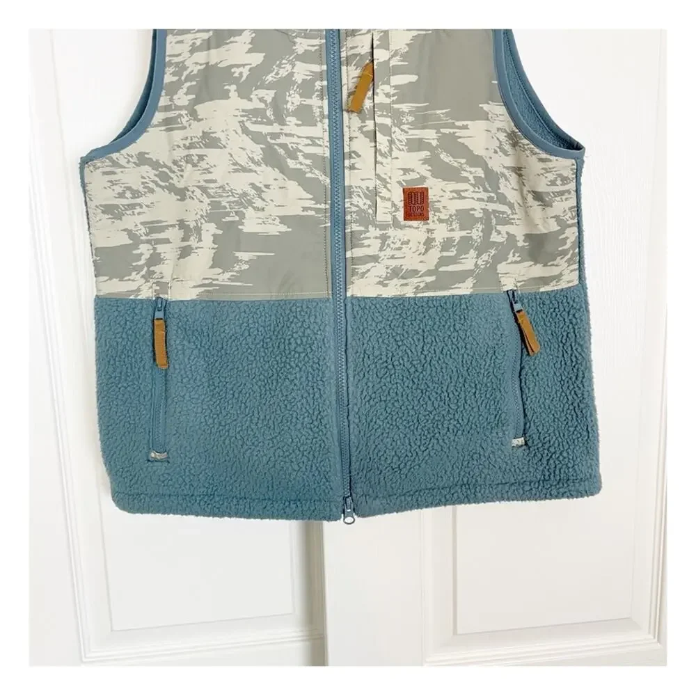 Topo Designs Subalpine Sherpa Fleece Vest Blue Sand Print Sz M